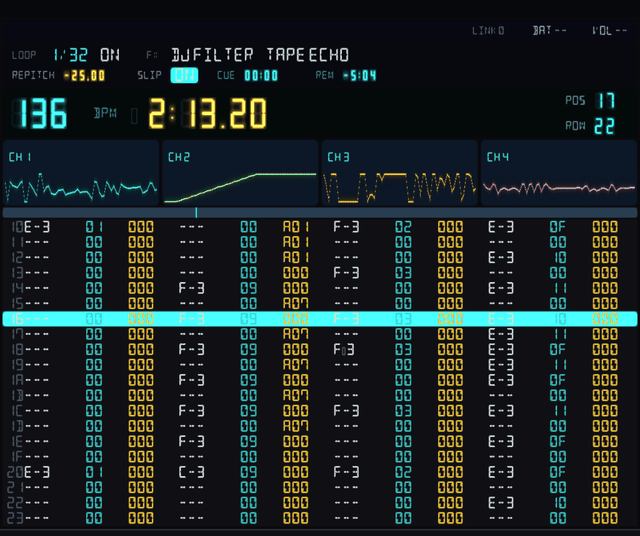 PTX3000 running on an iPhone: the deck panel with BPM and clock readouts, four channel scopes, and the pattern grid mid-play